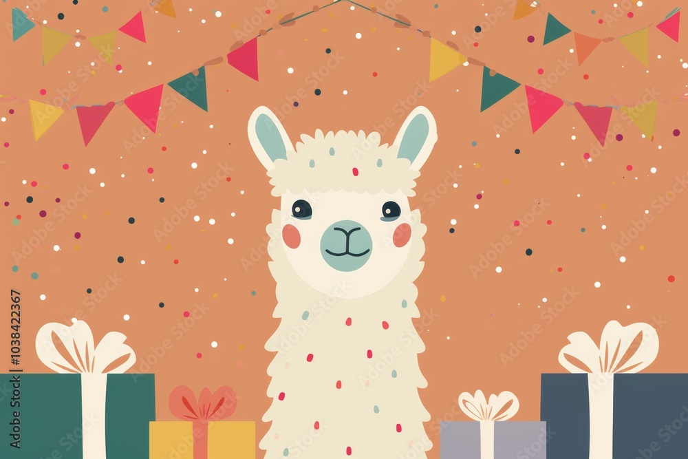 Naklejka premium Festive llama with party banners and gifts in whimsical setting