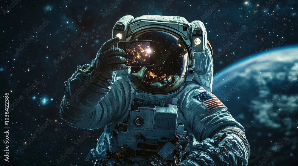 Astronaut Taking Selfie in Space : An astronaut in a spacesuit taking a selfie in space, with Earth and stars in the background