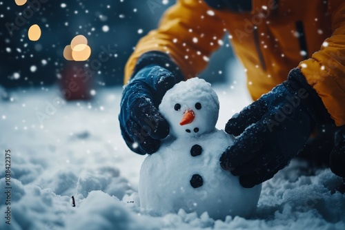 A child in a yellow jacket builds a snowman in falling snow. The cozy winter scene captures the joy of childhood and outdoor play during the winter season.