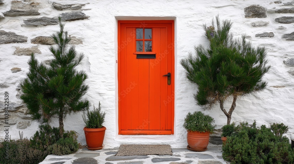 Fototapeta premium Vibrant Orange Door Framed by White Stone Walls