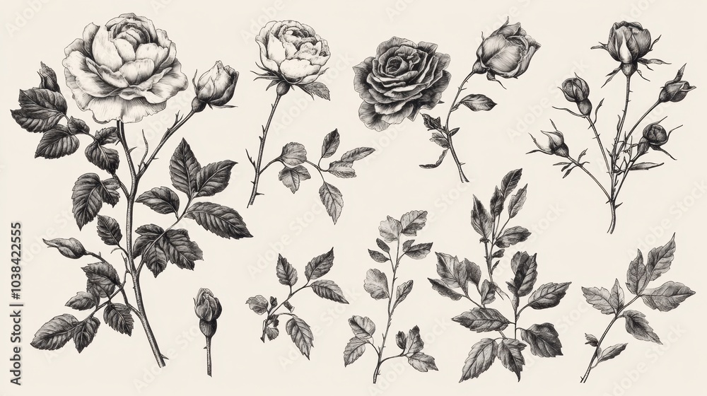 Fototapeta premium Vintage Black and White Rose Illustrations Collection