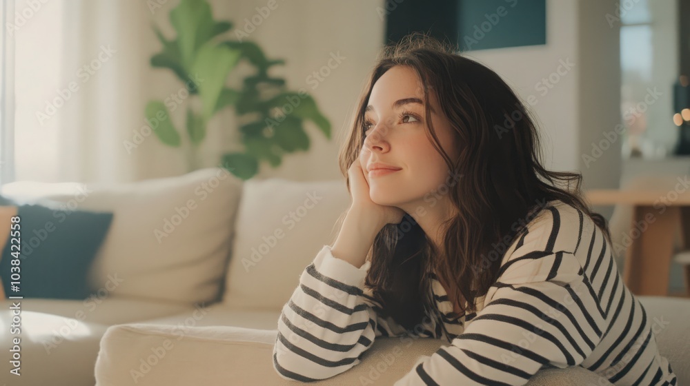 Happy young woman sitting on sofa at home and looking at camera. Portrait of comfortable woman in winter clothes relaxing on armchair. Portrait of beautiful girl smiling and relaxing during autumn. Happy young woman sitting on sofa at home and looking at camera. Portrait of comfortable woman in winter clothes relaxing on armchair. Portrait of beautiful girl smiling and relaxing during autumn.