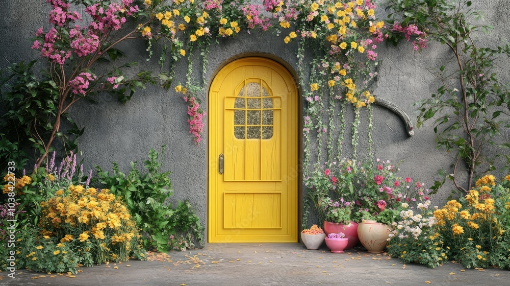 Fototapeta premium Vibrant Yellow Door Surrounded by Colorful Flowers