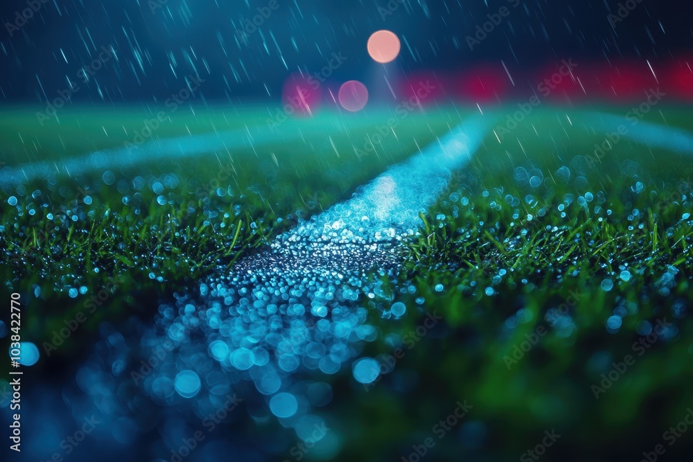 Rain-soaked soccer field at night with shimmering grass and blurred lights in the background
