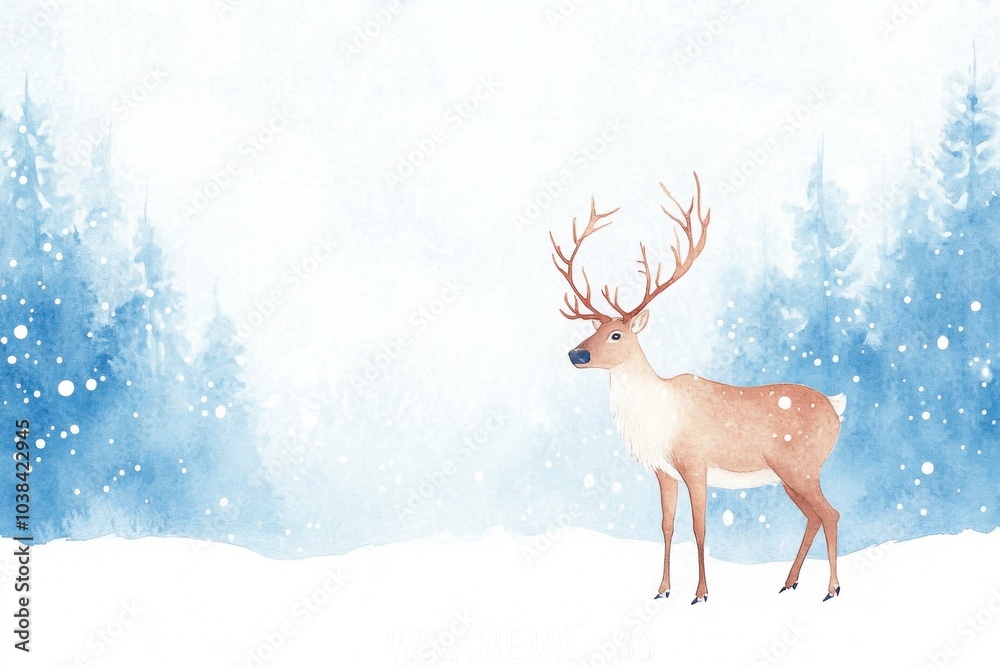 A serene winter scene featuring a majestic deer standing gracefully amidst softly falling snow and blue-hued pine trees. A serene winter scene featuring a majestic deer standing gracefully amidst softly falling snow and blue-hued pine trees.