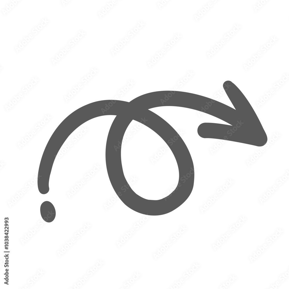 Arrow of spiral shape line icon. Outline hand drawn scribble curvy arrow with loop and dot, tip down. Motion pointer mascot, simple vintage element of direction, movement icon vector illustration Arrow of spiral shape line icon. Outline hand drawn scribble curvy arrow with loop and dot, tip down. Motion pointer mascot, simple vintage element of direction, movement icon vector illustration