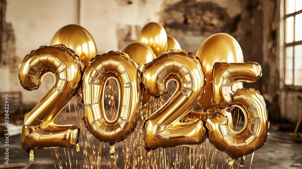 Gold foil balloons spelling out 2025 in an abandoned building with confetti scattered around. Gold foil balloons spelling out 2025 in an abandoned building with confetti scattered around.