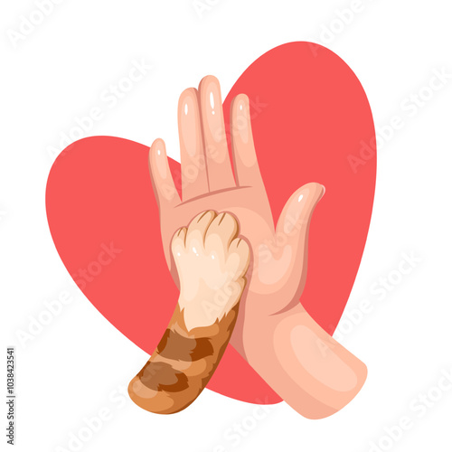 Friendly touch of cartoon cats paw and humans, high five gesture inside red heart. Funny animal greeting person. Love, happy friendship mascot, cartoon kitten giving paw vector illustration