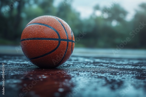 Wet basketball resting on a rain-soaked court in an outdoor setting during overcast weather