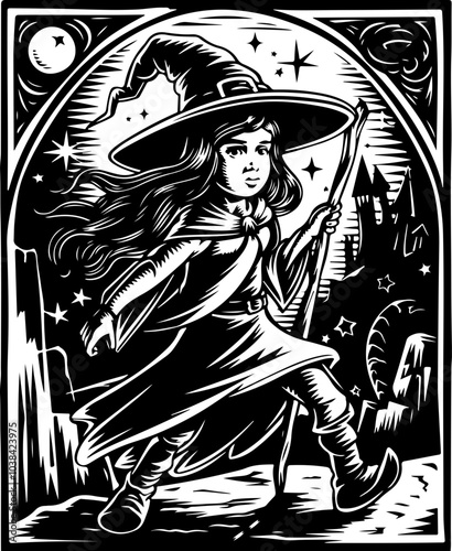 Black and White Vector Illustration of a Young Witch Walking with a Wand Under a Starry Sky, Ideal for Halloween Themes