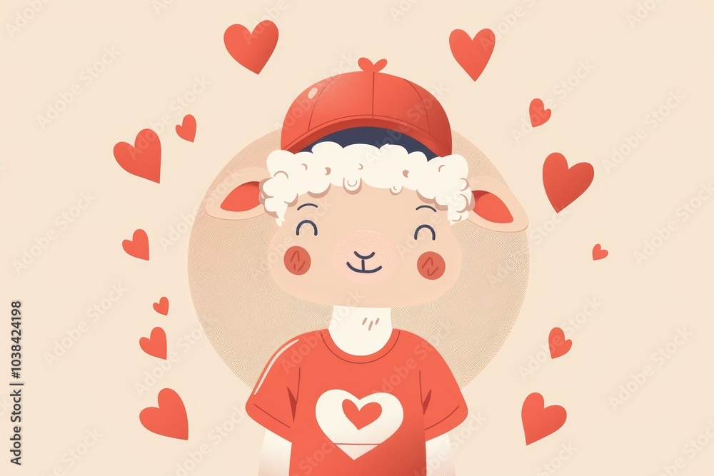 Cute cartoon lamb in heart hat surrounded by hearts Cute cartoon lamb in heart hat surrounded by hearts