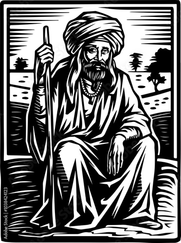 Stylized vector illustration of a seated elder with a staff, featuring bold black and white contrasts; ideal for cultural themes.