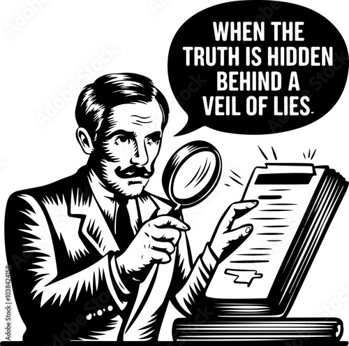 Monochrome Vector Illustration of a Detective Analyzing Documents with a Magnifying Glass, Symbolizing Truth and Deception