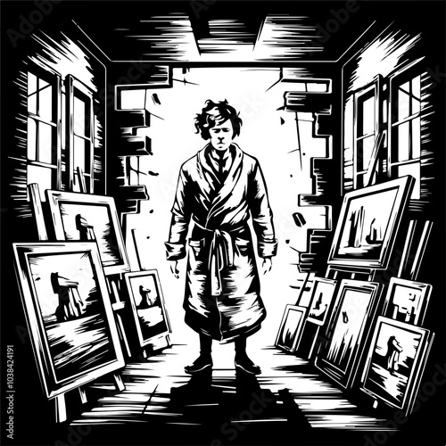 Black and White Vector Art: A solitary figure in a robe stands amidst scattered paintings in a dimly lit room, conveying an artistic ambiance.