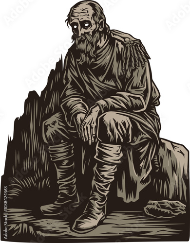 Vintage vector illustration of a weary old man sitting on a rock, depicted in dark tones; perfect for storytelling or historical themes.