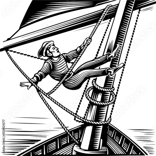 Vintage sailor climbing ship mast in black and white vector; ideal for maritime themes and nautical designs.