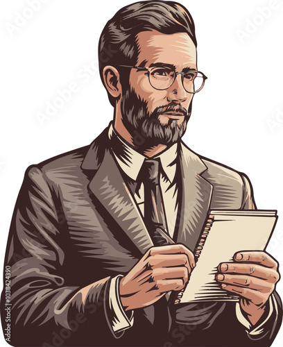 Stylized vector illustration of a man in a suit with glasses, jotting notes, ideal for business concepts.