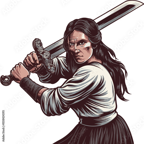 Vector illustration of a fierce warrior woman with a sword, showcasing strong emotions and dynamic lines. Ideal for fantasy themes.