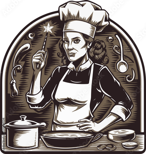 Vintage style chef illustration with a magical touch, featuring a confident woman surrounded by cooking tools and a pot, perfect for culinary designs.