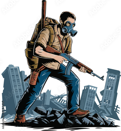 Vector illustration of a soldier in gas mask with rifle, walking through a war-torn cityscape, ideal for military themes. photo