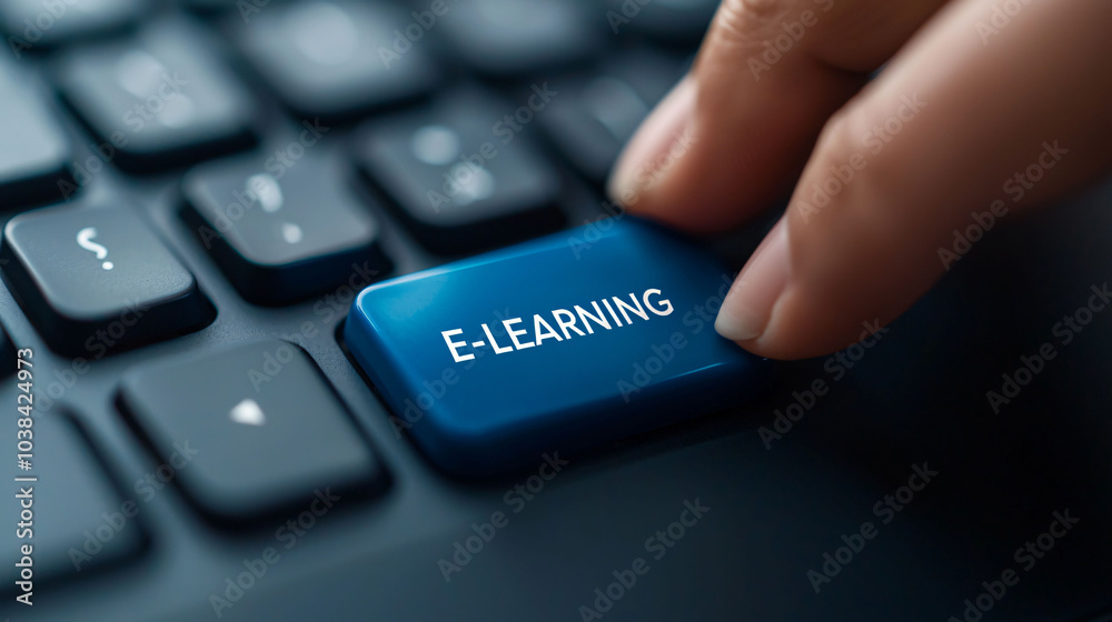 E-learning is becoming increasingly popular, and this captures hand pushing vibrant blue button labeled E LEARNING on keyboard, symbolizing digital learning experience E-learning is becoming increasingly popular, and this captures hand pushing vibrant blue button labeled E LEARNING on keyboard, symbolizing digital learning experience