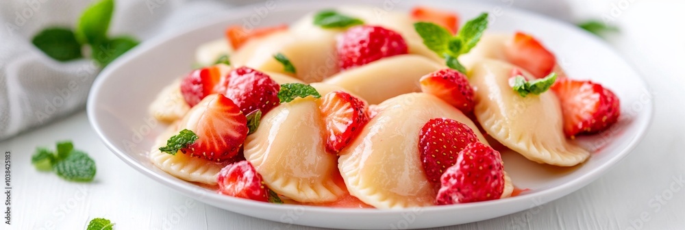 Delicious sweet pierogi filled with strawberries and garnished with fresh berries on a bright white plate Delicious sweet pierogi filled with strawberries and garnished with fresh berries on a bright white plate