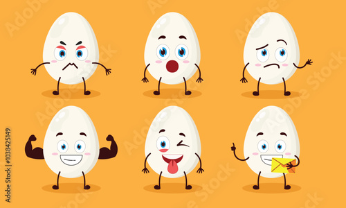 funny chicken white egg cartoon with different expressions character vector illustration