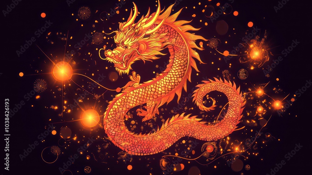 A golden dragon with orange scales is depicted against a dark background with swirling lights. A golden dragon with orange scales is depicted against a dark background with swirling lights.