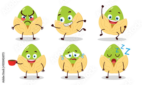 funny pistachio cartoon character with various pose activity design illustration