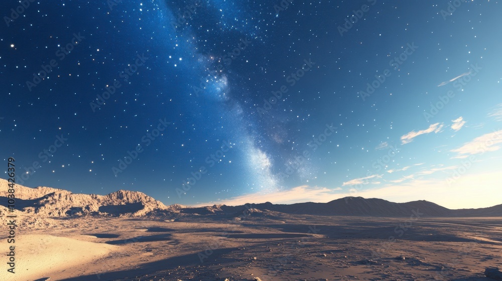 A desert landscape under a blue sky, gradually revealing stars and the Milky Way galaxy as dusk approaches. A desert landscape under a blue sky, gradually revealing stars and the Milky Way galaxy as dusk approaches.