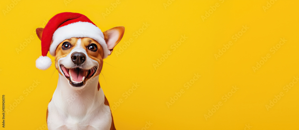 cheerful happy cute dog in red white santa claus bright yellow holiday background seasonal christmas backdrop space for copy text cheerful happy cute dog in red white santa claus bright yellow holiday background seasonal christmas backdrop space for copy text