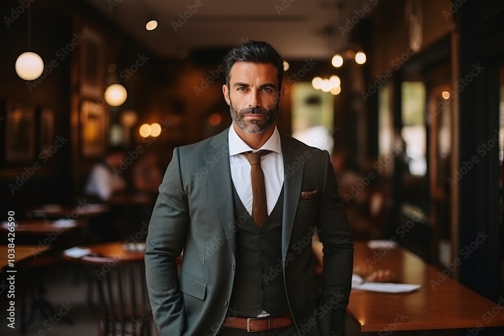 Portrait of handsome man in suit looking at camera while standing in cafe Portrait of handsome man in suit looking at camera while standing in cafe