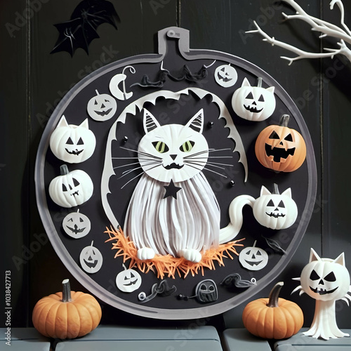 openart halloween decorations with ghosts pumpkins and a spooky cat photo