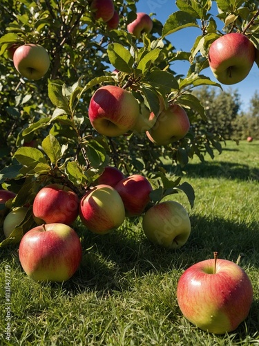 Red and green apples growing on apple tree in orchard, with grassy field and blue sky in background