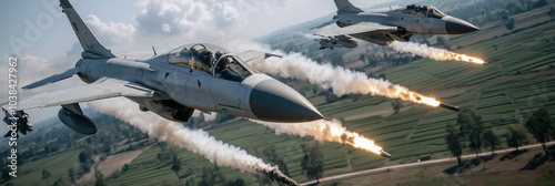 Fighter jets flying over landscape, showcasing power and precision photo