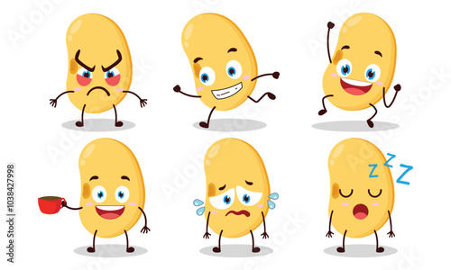funny soy bean cartoon character with various pose activity design illustration
