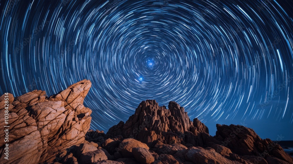 Fototapeta premium A long exposure of the night sky, showing star trails and the rotating galaxy against a rocky foreground.