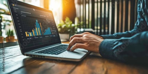 A businessman is working on his laptop, planning how to advertise his business online. He's using tools to track his ads, improve his website's search ranking, and reach people on social media.