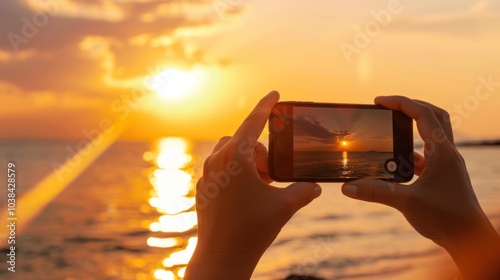 Close up of a woman hands taking a picture at sunset beach