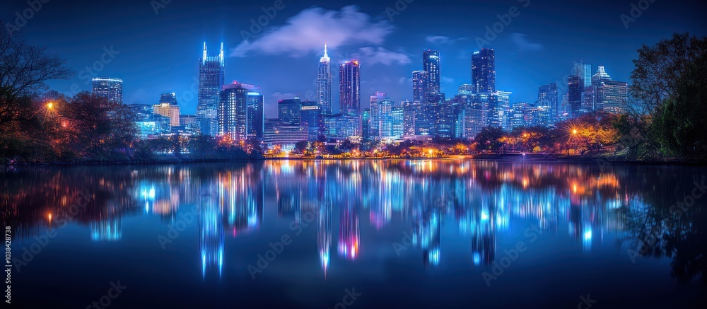 Cityscape reflected in the water at twilight. Cityscape reflected in the water at twilight.