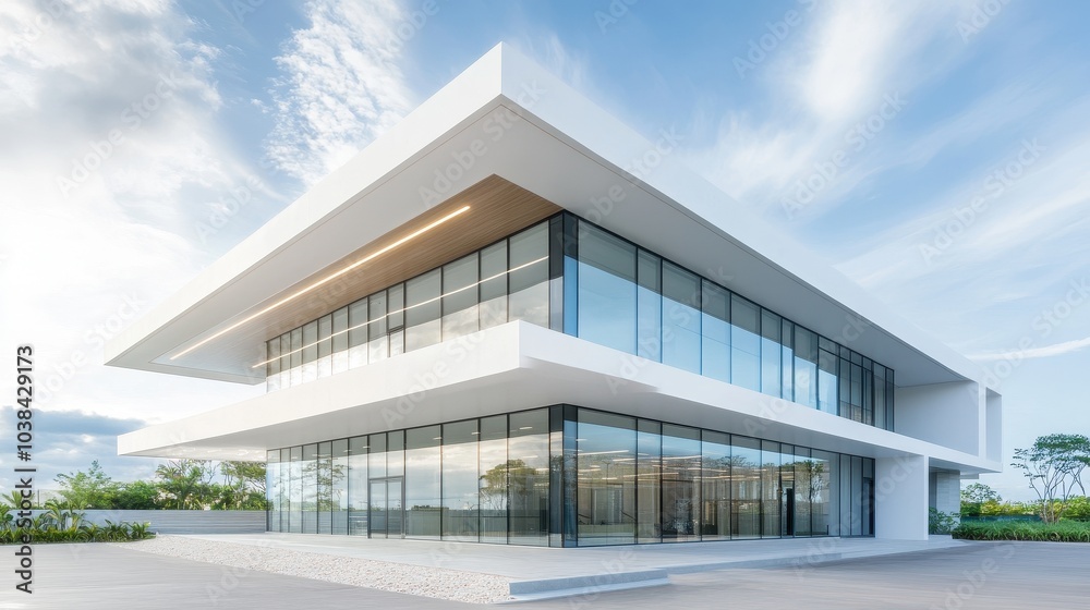 A large white building with a glass facade A large white building with a glass facade