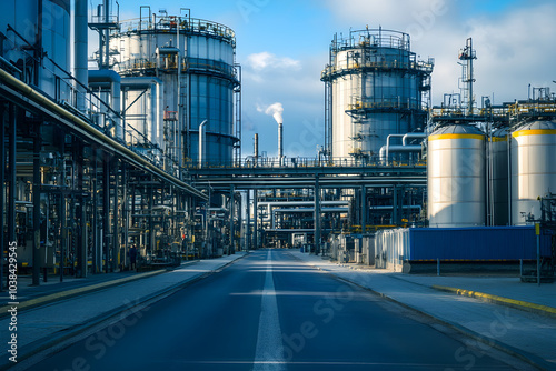 Industrial landscape with large storage tanks and pipelines