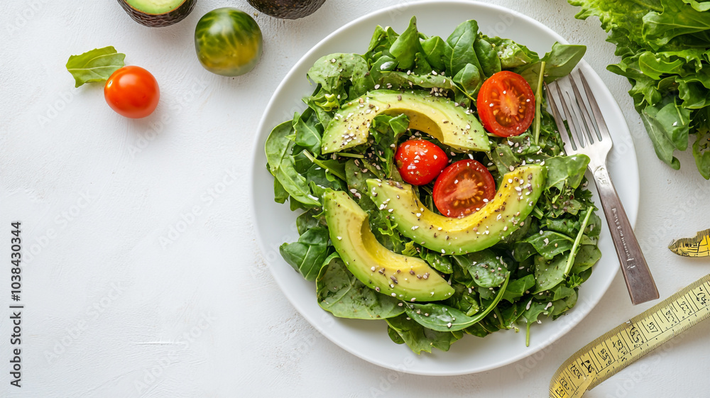 Fresh avocado salad with cherry tomatoes and greens on a white plate in a bright kitchen setting Fresh avocado salad with cherry tomatoes and greens on a white plate in a bright kitchen setting