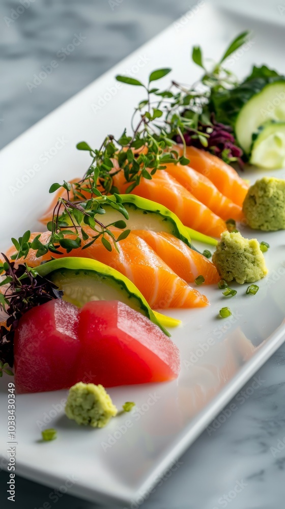 Minimalist plate of Vegan Sashimi under bright studio lighting, with plant-based fish alternatives and garnishes creating a modern dining presentation