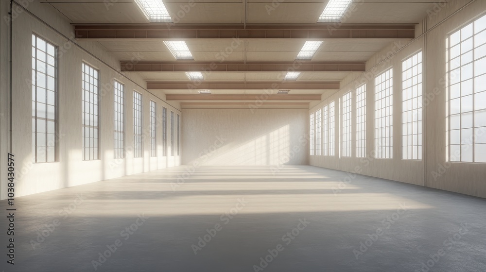 A large, empty room with white walls and windows A large, empty room with white walls and windows
