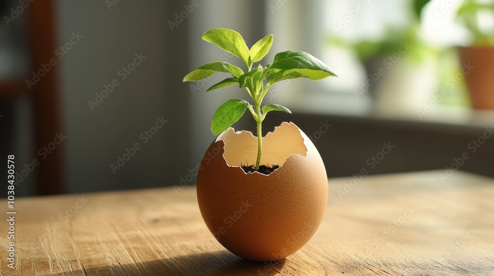 A seedling growing inside an eggshell planter, placed on a wooden table, representing an eco-friendly and creative gardening approach. A seedling growing inside an eggshell planter, placed on a wooden table, representing an eco-friendly and creative gardening approach.