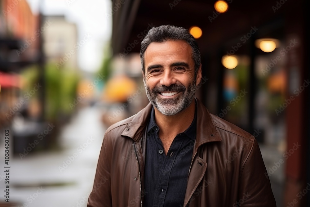 Portrait of a handsome middle-aged man smiling in the city Portrait of a handsome middle-aged man smiling in the city