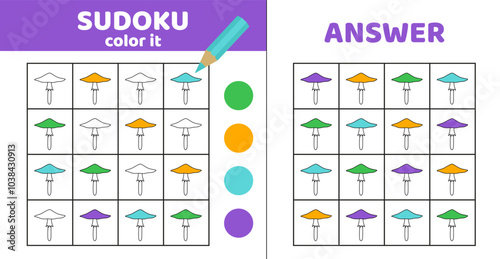 Sudoku with poisonous toadstools. Coloring sudoku with mushrooms. Cartoon.