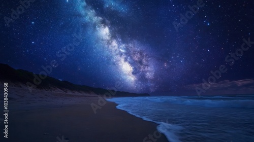 A serene beach under the night sky, where the Milky Way galaxy and stars create a breathtaking scene against the ocean waves.