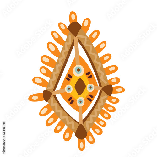 African cartoon amulet with tribal pattern. Funny ethnic orange talisman from South Africa in shape of diamond. African tribe, culture mascot, cartoon geometric amulet decoration vector illustration
